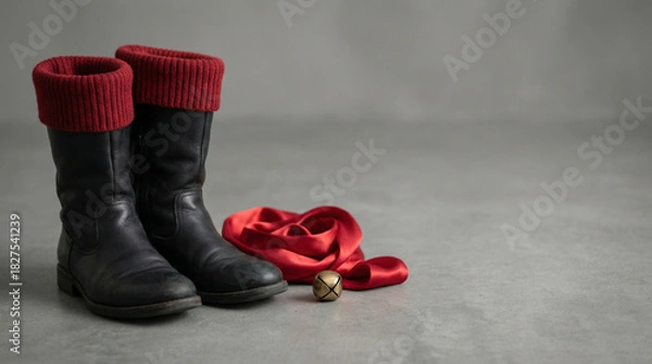 Obraz Santa boots with red ribbon and bell on gray background for holiday decoration