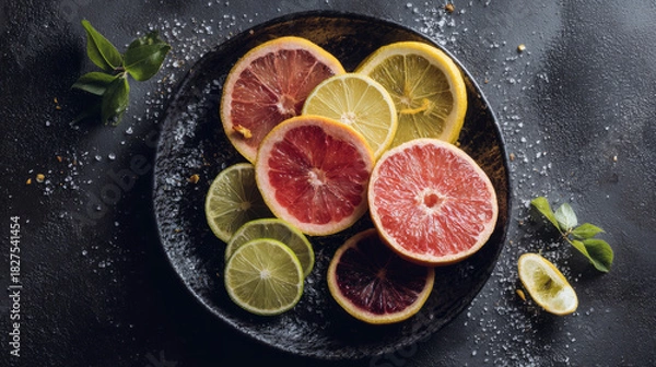 Fototapeta Sliced of differed kind of citrus on ceramic plate. Generative AI image