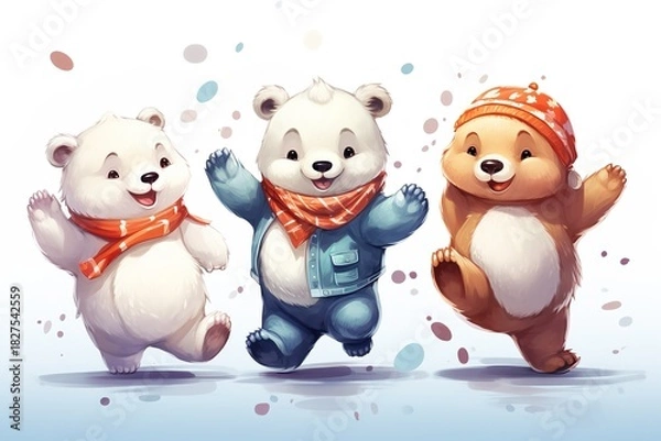 Fototapeta Three cute cartoon bears are playing in snow, one of them wearing blue jacket isolated on white background. They are all smiling and having fun