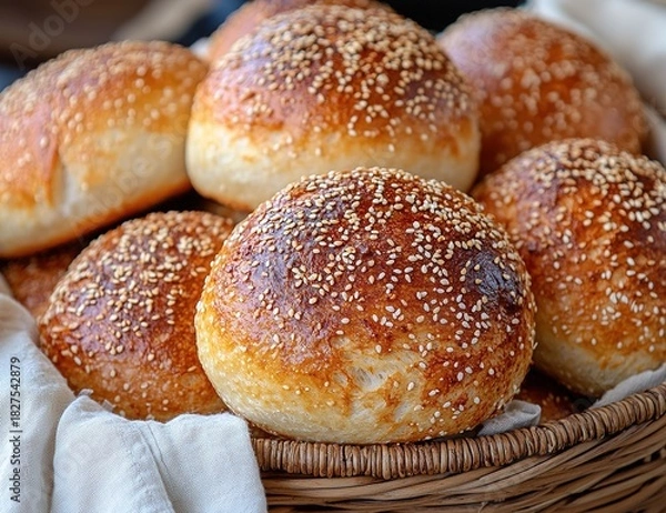 Fototapeta Close-up shot of golden, freshly baked homemade sesame buns arranged in a rustic woven basket with a soft cloth.