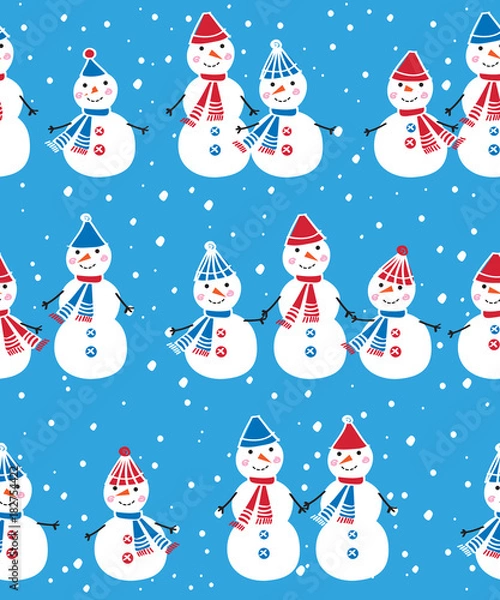 Fototapeta Christmas seamless pattern with cute snowmen for gift wrap, textile, wallpapers and scrapbook. Happy New Year 2018. Blue background. Doodles, sketch for your design. Vector.