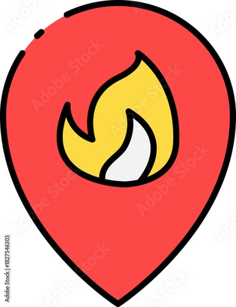 Obraz Fire location map pin icon with a flame symbol. A simple vector graphic representing an emergency, hot spot, or hazard on a map