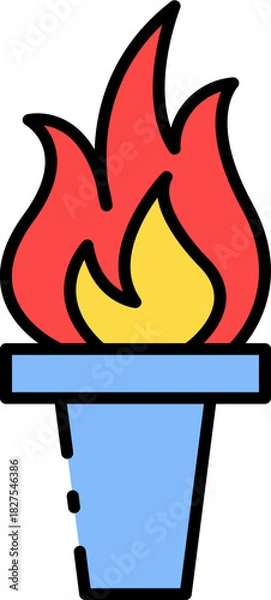 Obraz Colorful flaming torch vector icon illustration. Symbol of victory, sport, and light with a vibrant fire flame on a blue handle