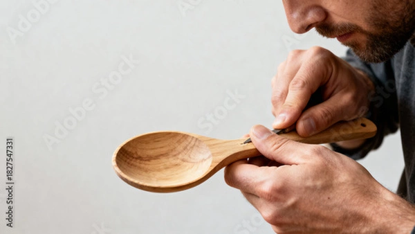 Fototapeta Person focused on carving wooden spoon with handmade craftsmanship
