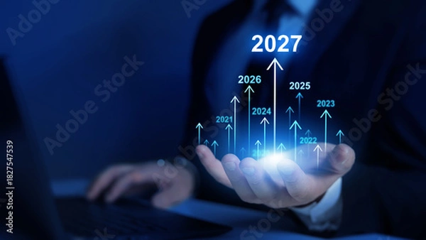 Obraz Planning,opportunity, challenge and business strategy. Increase arrow graph corporate future growth year 2027. New Goals, Plans and Visions for Next Year 2027.