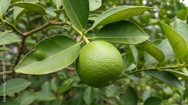 Fototapeta Single Green Lime Hanging from a Branch with Lush Leaves fruit citrus