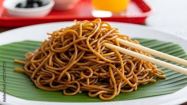 Fototapeta Stir- Fried Noodles with Chopsticks on a Banana Leaf Plate stir-fry asian food