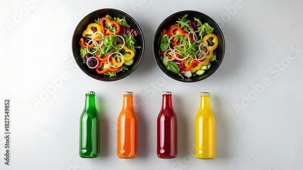 Fototapeta Vibrant Fresh Salads and Colorful Juice Bottles Arranged on a White Surface vegetable salad