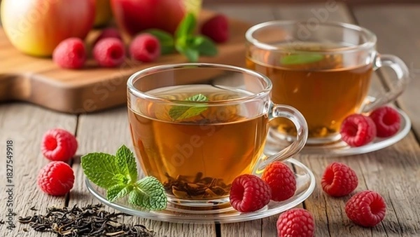 Fototapeta Two Cups of Hot Tea with Raspberries and Mint on a Wooden Table Keywords: tea, hot drink, beverage