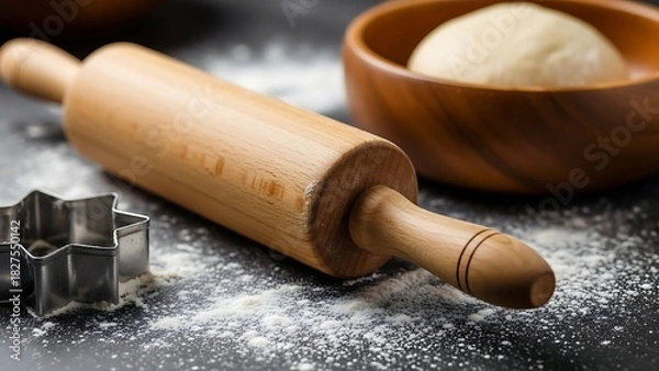 Fototapeta Wooden Rolling Pin and Star Cookie Cutter with Dough and Flour baking cooking