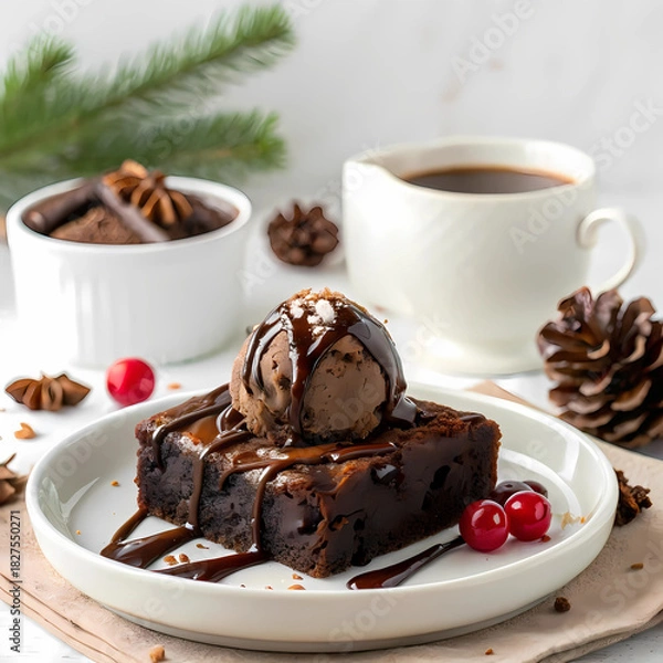 Fototapeta Decadent Chocolate Brownie with Hot Fudge on White Background, Winter Dessert Style