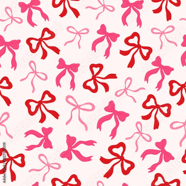 Obraz Seamless pattern with pink and red bows. Repeating texture for gift wrapping, fabric, holiday decor, and Valentine's Day.