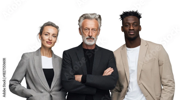 Fototapeta Successful Business Trio: Three business professionals of diverse backgrounds stand confidently, radiating leadership and experience, each embodying the spirit of innovation and corporate success.