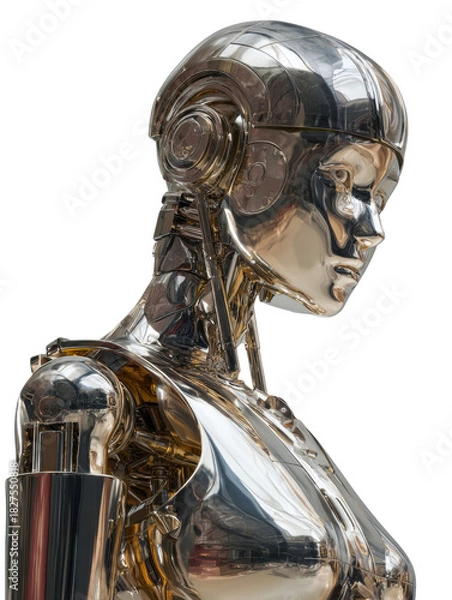 Fototapeta Metallic Muse: A striking, side-profile portrait of a chrome-skinned humanoid robot, evoking a sense of futuristic elegance and technological artistry. 