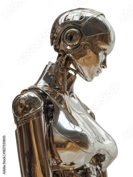 Fototapeta Futuristic Metallic Being: A sleek, chrome-like robot stands in a contemplative pose, its form a fusion of human and machine. Evoking themes of artificial intelligence and technological evolution.