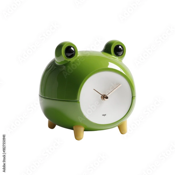 Fototapeta Whimsical Frog Clock: A delightful, green frog-shaped clock with a minimalist white face and slender hands. It embodies a blend of playfulness and functionality.