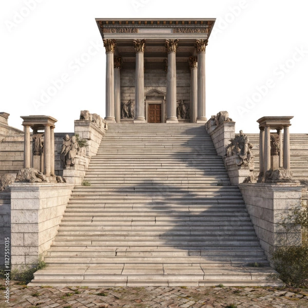 Fototapeta Ancient temple staircase: A grand staircase ascends toward an imposing temple, adorned with classical columns, intricate carvings, and statues, embodying the enduring legacy of ancient architecture. 