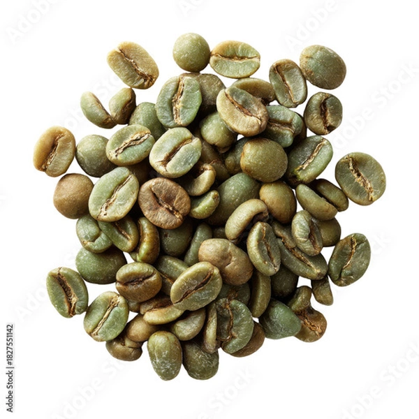 Fototapeta Raw Coffee Beans: A close-up view of a pile of raw coffee beans, showcasing their earthy green hue and unique shape, suggesting the beginning of a delicious journey.