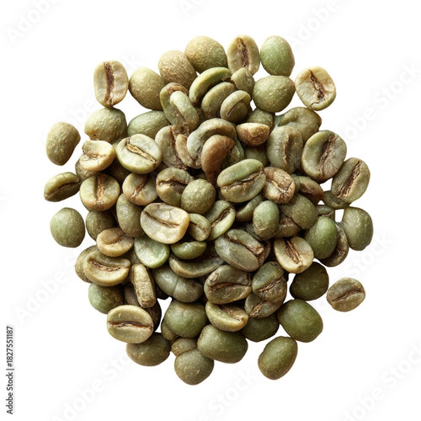 Fototapeta Green Coffee Bean Heap: An overhead perspective of a heap of unroasted, raw green coffee beans, showcasing the freshness and potential of each individual bean.