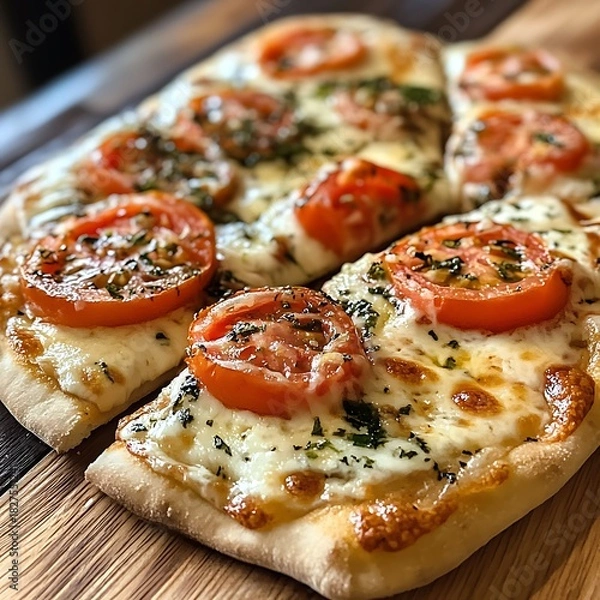 Obraz Flatbread Pizza with Tomatoes and Mozzarella Cheese on Wooden Board image photo