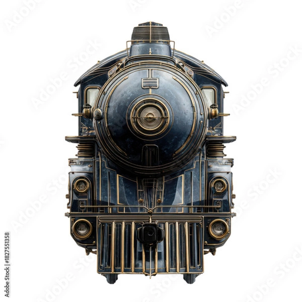 Fototapeta Vintage Steam Train: A front-facing shot of a majestic steam train, showcasing its intricate metallic details and powerful presence.