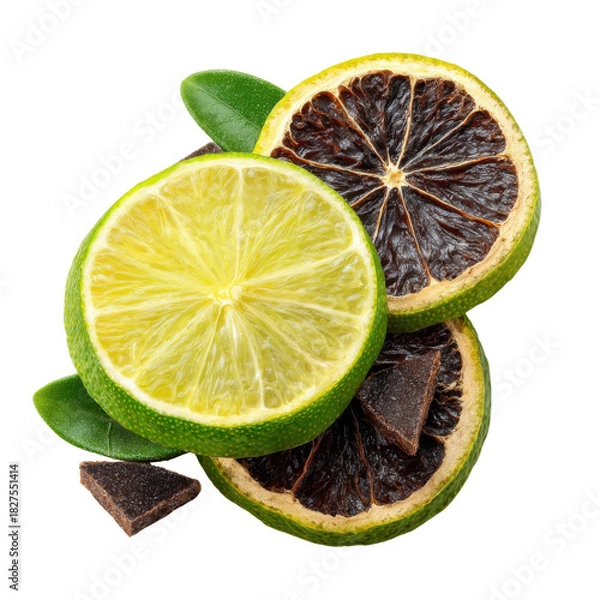 Fototapeta Zesty Citrus Delight: Vividly colored lime slices and dark chocolate pieces, along with fresh green leaves, create a visually appealing arrangement.