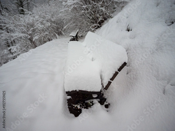 Fototapeta Fresh snow texture covering a wooden park bench on a winter day