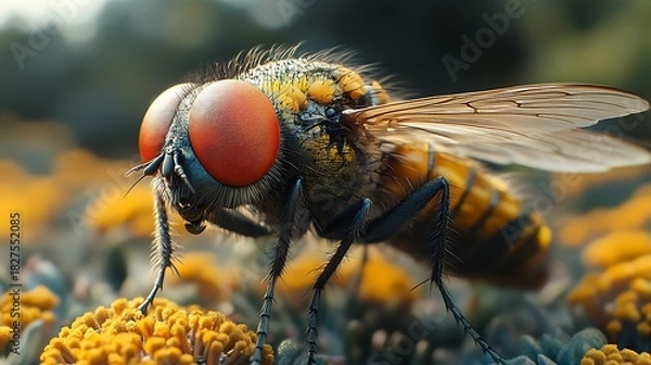 Fototapeta Fly Resting on Yellow Flowers in Macro Detail insect close-up photo