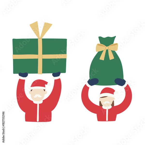 Obraz パパサンタ・ママサンタが大きなプレゼントを掲げるイラスト
