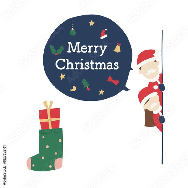 Obraz パパサンタ・ママサンタがこっそり覗くクリスマスイラスト（吹き出し付き）