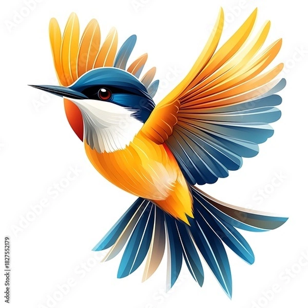 Obraz Flying kingfisher bird with spread wings and vibrant colors on photo white background wings spread