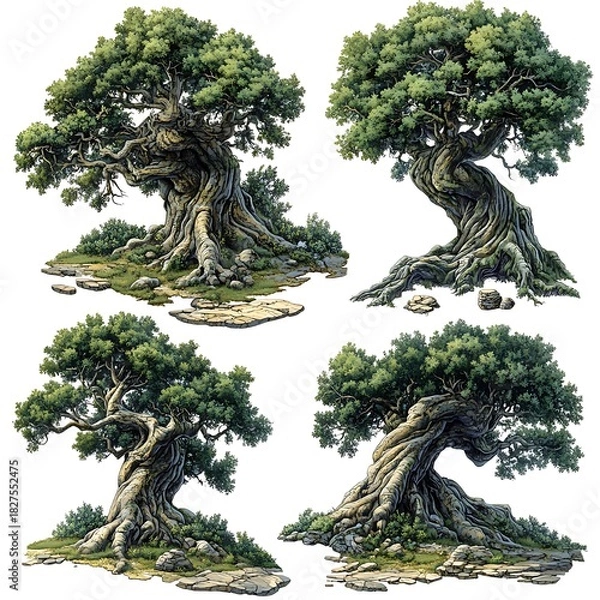 Fototapeta Four ancient gnarled oak trees with green foliage and stone accents ancient tree photo