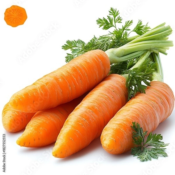 Obraz Four Carrots with Green Tops and One Carrot Slice on photo White Background fresh bunch