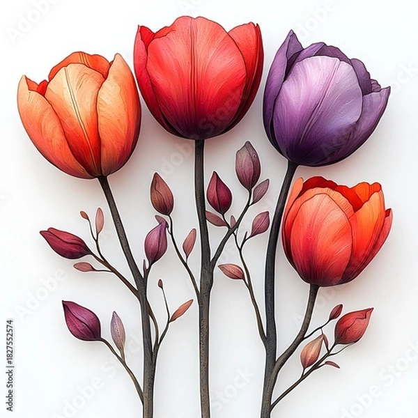 Obraz Four Colorful Tulips Orange Red Purple and Red with Branches and Buds flower photo