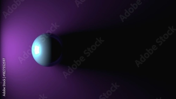 Fototapeta A minimalist 3D illustration of a glossy, reflective sphere with a bright highlight, casting a long, dark shadow on a vibrant purple and black gradient background. Top view