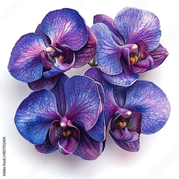 Obraz Four deep purple and blue orchids with detailed veins on a photo white background flower