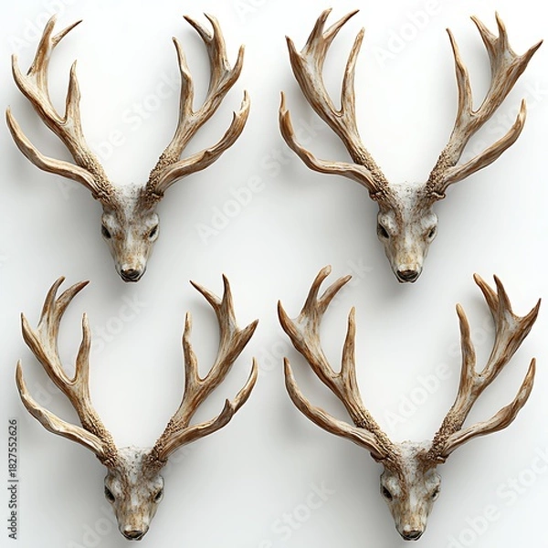 Obraz Four Deer Antlered Skulls on photo White Background antlers head
