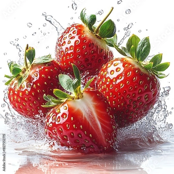 Obraz Four Fresh Strawberries with One Half- Cut and Water Splashes fruit juicy photo