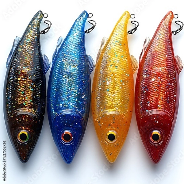 Obraz Four Glittering Fishing Lures In Different Colors bait artificial photo