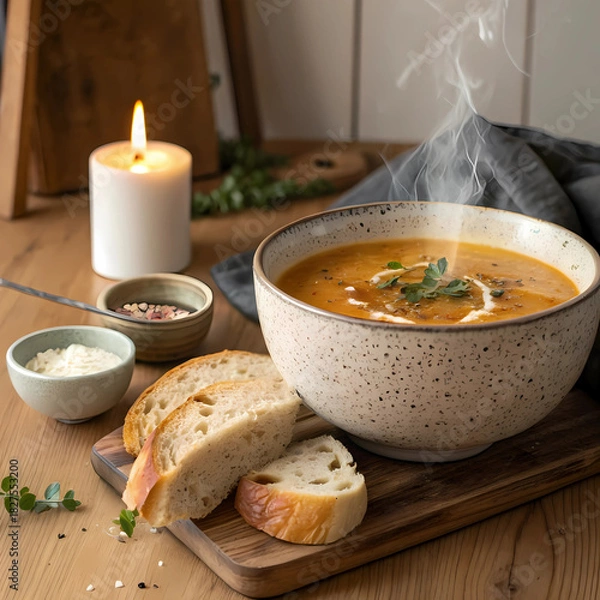 Fototapeta Warm Comforting Soup Served with Fresh Bread and Candlelight Ambiance