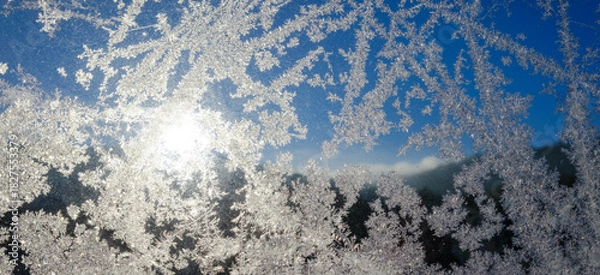 Fototapeta Graficzne wzory malowane porannym szronem na szybie