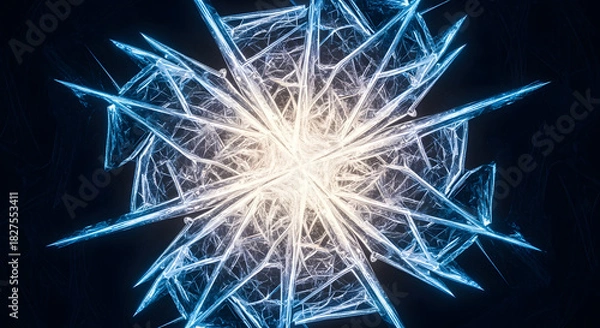 Obraz Mesmerizing abstract glowing starburst, a complex digital fractal art piece showcasing intricate crystalline patterns radiating blue and white futuristic energy and technology
