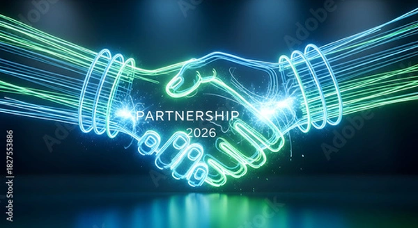 Obraz Futuristic technology concept with a virtual handshake representing a digital deal and global connection