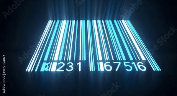 Obraz Futuristic glowing blue barcode illuminated by bright scanning light rays, representing efficient digital data processing, modern product identification, and advanced technological solutions