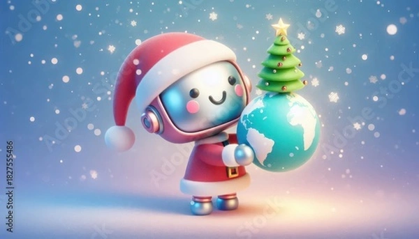 Fototapeta A 3D cute robot wearing a Christmas outfit lifting the Earth with a glowing Christmas tree, celebrating the holiday season with a joyful and futuristic spirit. greeting cards, tech-themed holiday