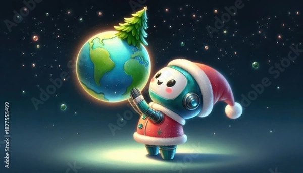 Obraz A 3D cute robot wearing a Christmas outfit lifting the Earth with a glowing Christmas tree, celebrating the holiday season with a joyful and futuristic spirit. festive greeting cards