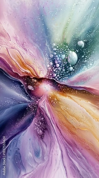 Obraz An abstract artwork featuring colorful fluid art with a central burst of light, bubbles, and flowing patterns. The image has a dreamy and ethereal quality with
