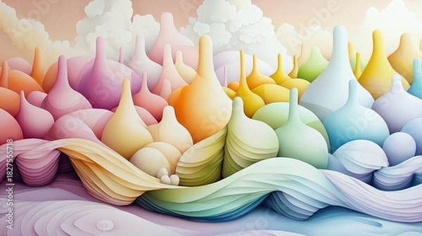 Fototapeta An abstract illustration featuring a landscape of colorful organic shapes, with soft lighting and a dreamy, whimsical aesthetic.