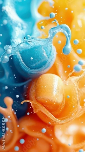 Obraz Close-up of vibrant blue and orange liquid splashes and drops, creating an abstract and artistic composition. Macro photography captures the details.
