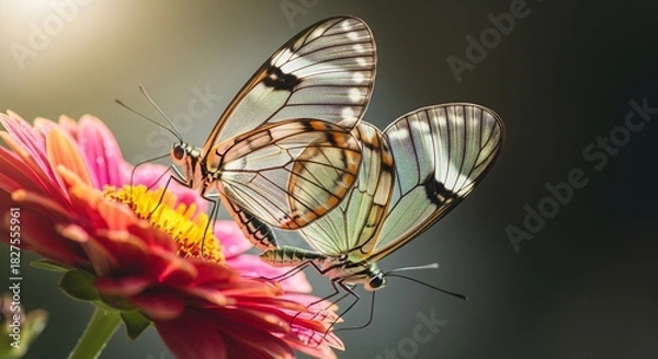 Obraz Delicate Danainae Butterflies on Bright Pink Verbena Flower Macro Shot
